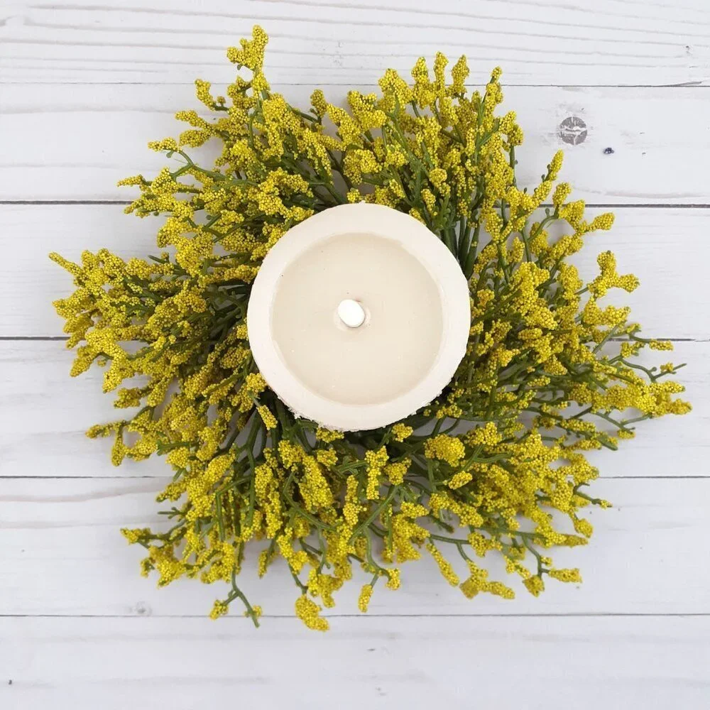 Floral Candle Ring Yellow Array Astilbe Flowers 3 in Inside Ring 10 in Overall